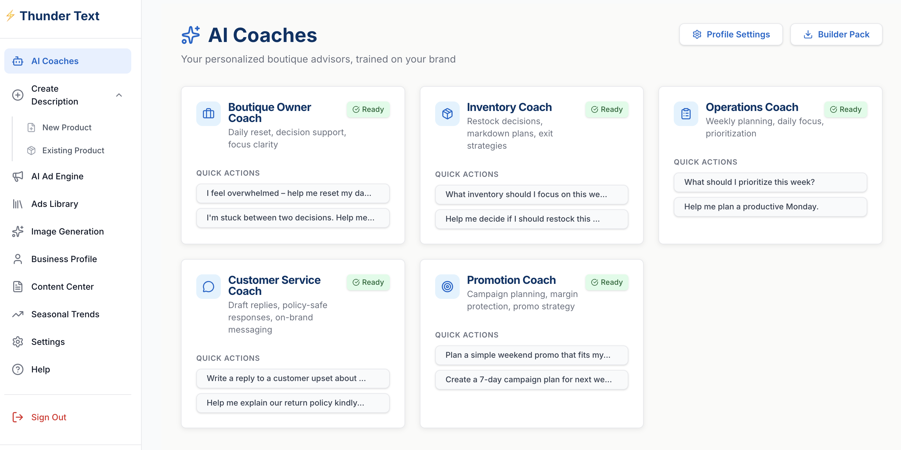 Thunder Text AI Coaches - Expert guidance for boutique owners, inventory, operations, customer service, and promotions